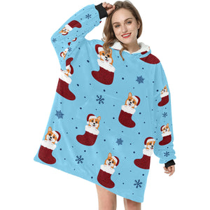 Glittery Red Christmas Stocking Corgis Blanket Hoodie for Women - 4 Colors-Blanket-Apparel, Blankets, Corgi, Hoodie-Sky Blue-1