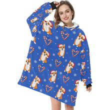 Load image into Gallery viewer, Snowflakes and Double Candy Cane Corgis Blanket Hoodie for Women - 4 Colors-Blanket-Apparel, Blankets, Corgi, Hoodie-Royal Blue-4