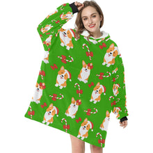 Load image into Gallery viewer, Candy Cane Christmas Corgis Blanket Hoodie for Women - 4 Colors-Blanket-Apparel, Blankets, Corgi, Hoodie-Green-1