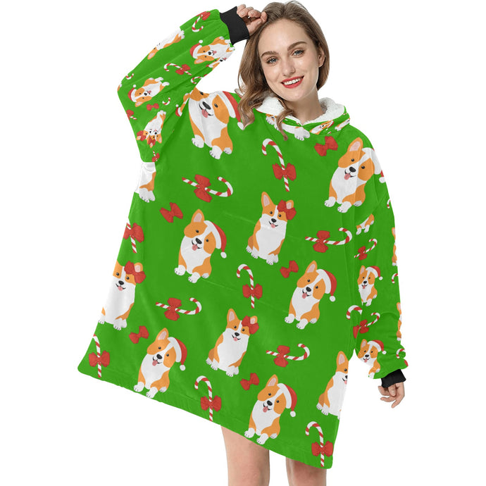Candy Cane Christmas Corgis Blanket Hoodie for Women - 4 Colors-Blanket-Apparel, Blankets, Corgi, Hoodie-Green-1