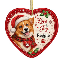 Load image into Gallery viewer, Corgi Christmas Ornament - Love &amp; Joy Heart Shaped Portrait - Personalized with Name-Christmas Ornament-Christmas,Corgi,Personalize Artwork-4