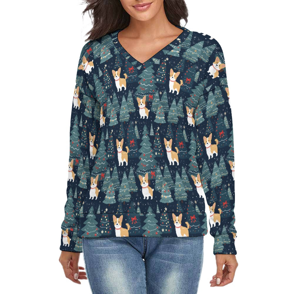 Corgi Christmas Tree Mosaic Women's V-Neck Christmas Sweater-Apparel-Apparel,Christmas,Corgi,Dog Mom Gifts,Sweater,Sweatshirt-S-2