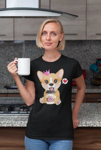 Corgi, Coffee, and Donut Love Women's Cotton T-Shirts-Apparel-Apparel, Corgi, Shirt, T Shirt-Coffee-Black-Small-3