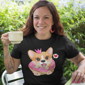 Corgi, Coffee, and Donut Love Women's Cotton T-Shirts-Apparel-Apparel, Corgi, Shirt, T Shirt-Donut-Black-Small-4