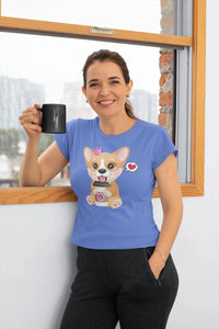 Corgi, Coffee, and Donut Love Women's Cotton T-Shirts-Apparel-Apparel, Corgi, Shirt, T Shirt-Coffee-Blue-Small-5