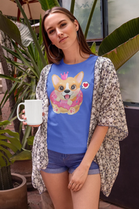 Corgi, Coffee, and Donut Love Women's Cotton T-Shirts-Apparel-Apparel, Corgi, Shirt, T Shirt-Donut-Blue-Small-6