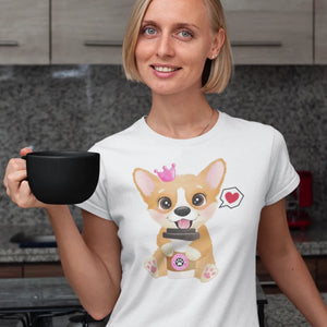 Corgi, Coffee, and Donut Love Women's Cotton T-Shirts-Apparel-Apparel, Corgi, Shirt, T Shirt-Coffee-White-Small-1