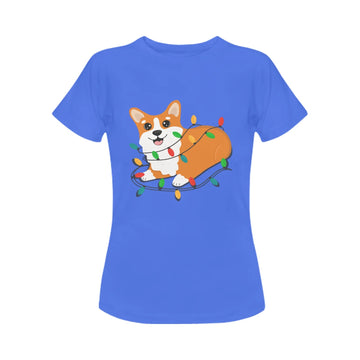 Corgi in Christmas Lights Women's Cotton T-Shirt-Apparel-Apparel, Corgi, Shirt, T Shirt-Blue-Small-10