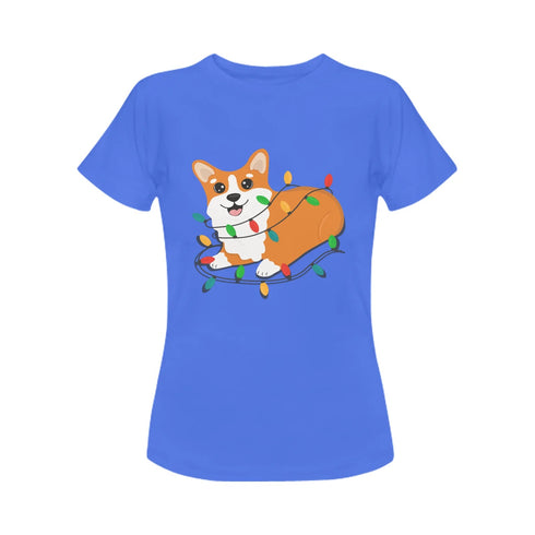Corgi in Christmas Lights Women's Cotton T-Shirt-Apparel-Apparel, Corgi, Shirt, T Shirt-Blue-Small-10