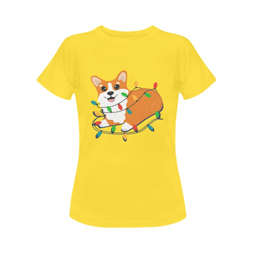 Corgi in Christmas Lights Women's Cotton T-Shirt-Apparel-Apparel, Corgi, Shirt, T Shirt-Yellow-Small-11