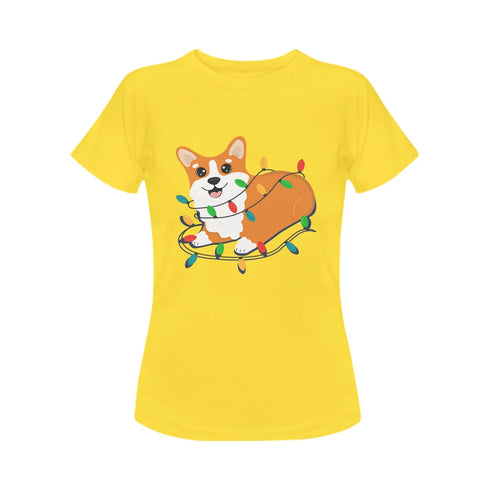 Corgi in Christmas Lights Women's Cotton T-Shirt-Apparel-Apparel, Corgi, Shirt, T Shirt-Yellow-Small-11