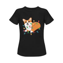 Load image into Gallery viewer, Corgi in Christmas Lights Women&#39;s Cotton T-Shirt-Apparel-Apparel, Corgi, Shirt, T Shirt-Black-Small-8