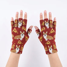 Load image into Gallery viewer, Corgi Love Touch Screen Gloves-Accessories-Accessories,Corgi,Dog Dad Gifts,Dog Mom Gifts-Corgi with Pizzas-Fingerless Gloves-2