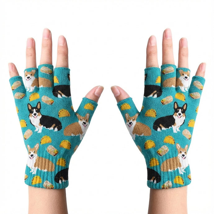 Corgi Love Touch Screen Gloves-Accessories-Accessories,Corgi,Dog Dad Gifts,Dog Mom Gifts-Corgis with Mexican Food-Fingerless Gloves-1