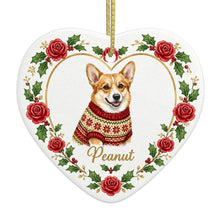 Load image into Gallery viewer, Corgi Ornament - Personalized Heart Shaped Christmas Rose Border - with Name-Christmas Ornament-Christmas,Corgi,Personalize Artwork-4
