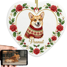Load image into Gallery viewer, Corgi Ornament - Personalized Heart Shaped Christmas Rose Border - with Name-Christmas Ornament-Christmas,Corgi,Personalize Artwork-1