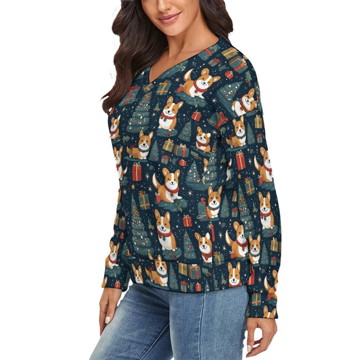 Corgi's Christmas Gift Galore Women's V-Neck Christmas Sweater-Apparel--4