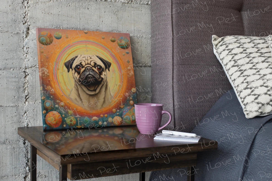 Cosmic Contemplator Pug Framed Wall Art Poster-Art-Dog Art, Home Decor, Pug-Framed Light Canvas-Small - 8x8