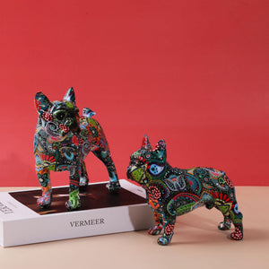 Image of two frenchie statues in mesmerizing and kaleidoscopic crayon etching design
