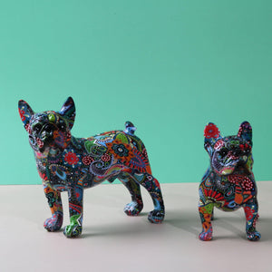 Image of two french bulldog statues in mesmerizing and kaleidoscopic crayon etching design