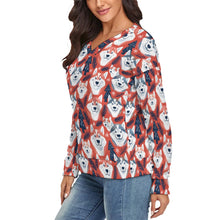 Load image into Gallery viewer, Crimson Husky Love Women's V-Neck Christmas Sweater-Apparel-Apparel,Christmas,Dog Mom Gifts,Siberian Husky,Sweater,Sweatshirt-2