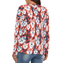 Load image into Gallery viewer, Crimson Husky Love Women's V-Neck Christmas Sweater-Apparel-Apparel,Christmas,Dog Mom Gifts,Siberian Husky,Sweater,Sweatshirt-4