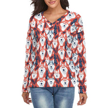 Load image into Gallery viewer, Crimson Husky Love Women's V-Neck Christmas Sweater-Apparel-Apparel,Christmas,Dog Mom Gifts,Siberian Husky,Sweater,Sweatshirt-S-White13-1