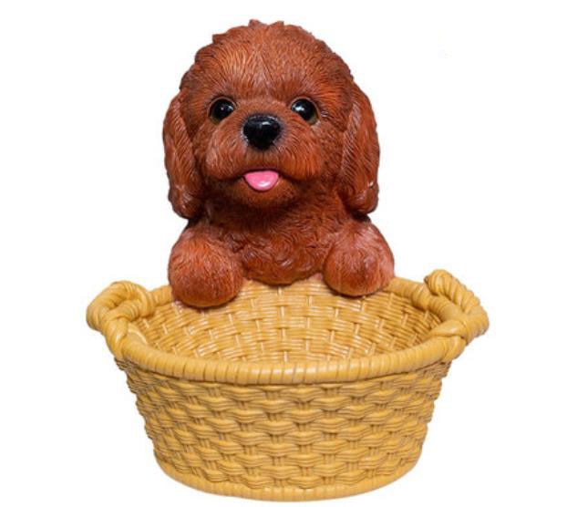 Image of a super cute brown Doodle ornament in the most helpful brown Doodle holding a basket design