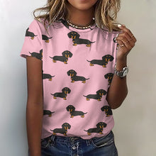 Load image into Gallery viewer, Cutest Black and Tan Dachshund All Over Print Women&#39;s Cotton T-Shirt - 4 Colors-Apparel-Apparel, Dachshund, Shirt, T Shirt-2XS-Pink-13