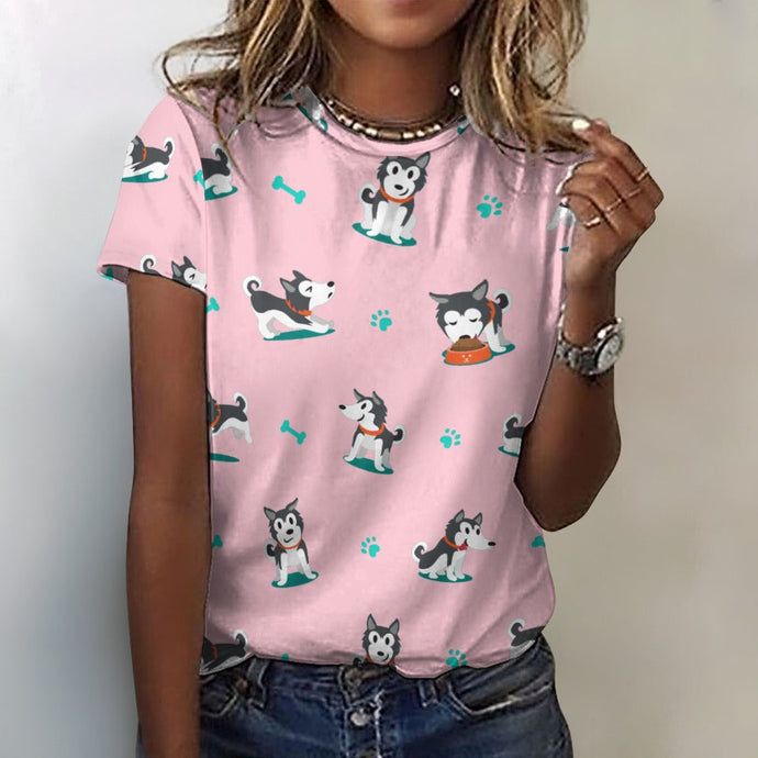 Cutest Black and White Husky Love All Over Print Women's Cotton T-Shirt - 4 Colors-Apparel-Apparel, Shirt, Siberian Husky, T Shirt-2XS-Pink-11