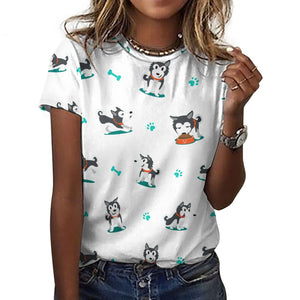 Cutest Black and White Husky Love All Over Print Women's Cotton T-Shirt - 4 Colors-Apparel-Apparel, Shirt, Siberian Husky, T Shirt-3