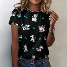 Load image into Gallery viewer, Cutest Black and White Husky Love All Over Print Women&#39;s Cotton T-Shirt - 4 Colors-Apparel-Apparel, Shirt, Siberian Husky, T Shirt-2XS-Black-7