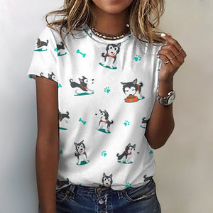 Cutest Black and White Husky Love All Over Print Women's Cotton T-Shirt - 4 Colors-Apparel-Apparel, Shirt, Siberian Husky, T Shirt-2XS-White-1