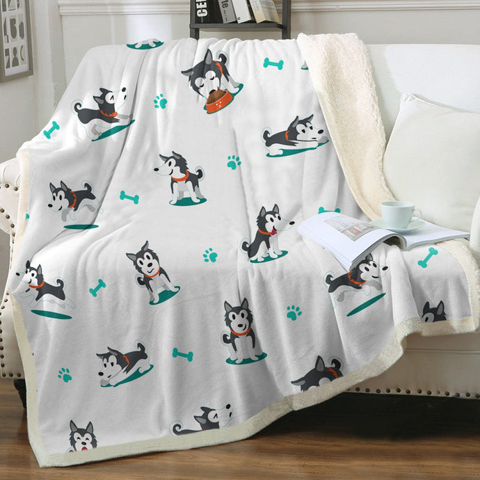 Cutest Black and White Husky Love Soft Warm Fleece Blanket - 4 Colors-Blanket-Blankets, Home Decor, Siberian Husky-Ivory-Small-1