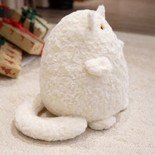 Load image into Gallery viewer, White plush cat toy on a carpeted floor with gift boxes in the background