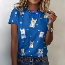 Load image into Gallery viewer, Cutest College Frenchies Love All Over Print Women&#39;s Cotton T-Shirt - 4 Colors-Apparel-Apparel, French Bulldog, Shirt, T Shirt-Blue-2XS-2