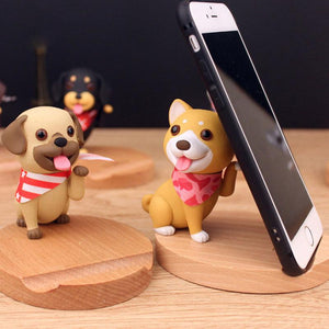 Image of dog phone stand in the cutest smiling Pug and Shiba Inu holding cell phone and wearing scarf design