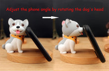 Load image into Gallery viewer, Front and side image of a grey Husky cell phone holder in smiling grey Husky wearing yellow scarf design