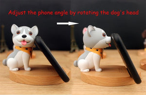 Front and side image of a grey Husky cell phone holder in smiling grey Husky wearing yellow scarf design