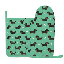 Load image into Gallery viewer, Cutest Long Haired Black Tan Dachshund Oven Mitts and Pot Holder Set-Kitchen Decor-5