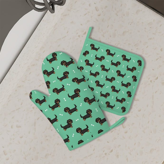 Cutest Long Haired Black Tan Dachshund Oven Mitts and Pot Holder Set-Kitchen Decor-7