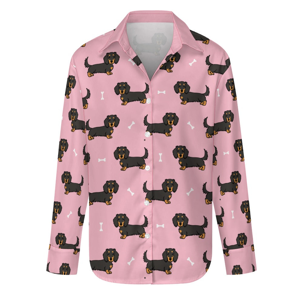 Cutest Long Haired Black Tan Dachshund Women's Shirt-S-Pink1-1