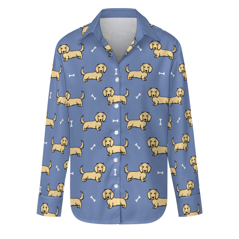 Cutest Long Haired Cream Dachshund Women's Shirt-S-CornflowerBlue-5