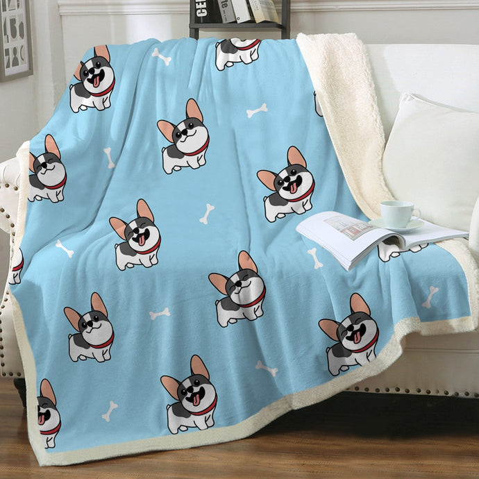 Cutest Pied Black and White Frenchies Soft Warm Fleece Blanket - 3 Colors-Blanket-Blankets, French Bulldog, Home Decor-Sky Blue-Small-1