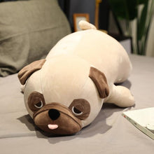 Load image into Gallery viewer, Image of a Pug stuffed animal soft toy lying on the bed