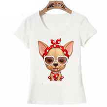 Load image into Gallery viewer, Image of a Chihuahua t-shirt featuring a cutest and smiley Chihuahua girl wearing a red and white polka-dotted dress and matching headband design