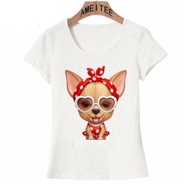 Image of a Chihuahua t-shirt featuring a cutest and smiley Chihuahua girl wearing a red and white polka-dotted dress and matching headband design