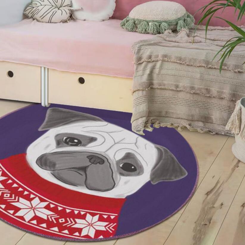 Image of pug rug in the cutest fawn Pug in a red Christmas sweater, with a circular dark blue background