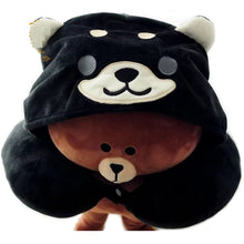 Load image into Gallery viewer, Image of a brown teddy bear wearing a black shiba inu travel pillow and hoodie