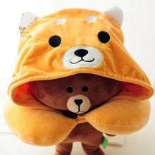 Load image into Gallery viewer, Image of a brown teddy bear wearing an orange shiba inu travel pillow and hoodie